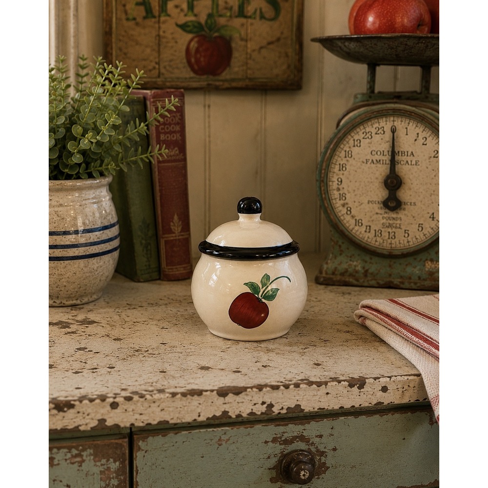 Princess House Orchard Medley Ceramic Sugar Bowl Apple Navy Trim Cream Canister